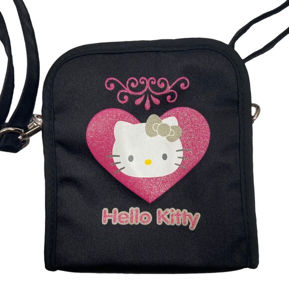 2000 Sanrio Black Hello Kitty with Heart Nylon Shoulder Bag‎ Wallet Coin Purse - Picture 1 of 10